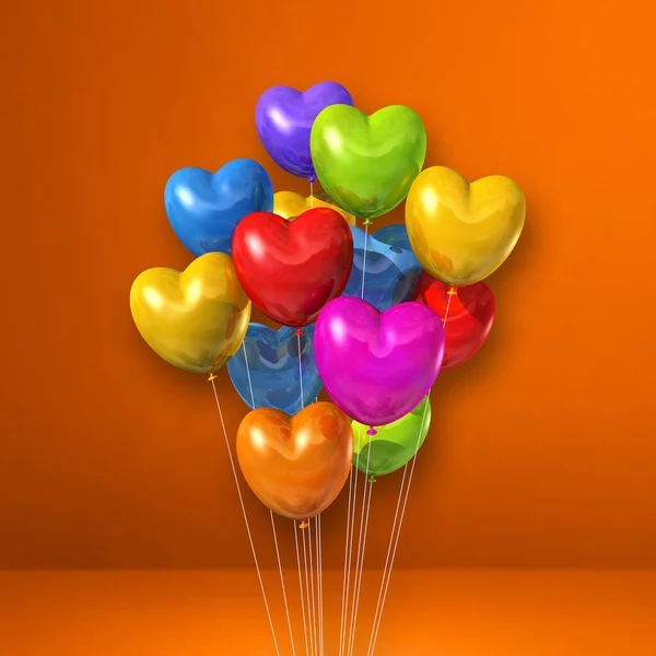 色彩斑斓的心形气球堆在橙色墙壁的背景上 3D插图渲染 — 图库照片