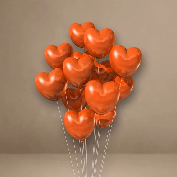 Manojo Globos Forma Corazón Naranja Sobre Fondo Pared Beige Renderizado — Foto de Stock