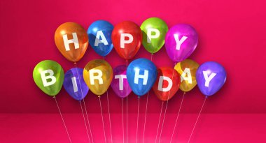 Pembe arka planda renkli doğum günü balonları. Yatay Bayrak. 3B illüstrasyon oluşturucu