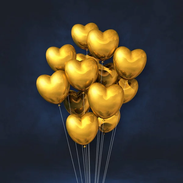 Guld Hjärta Form Ballonger Gäng Svart Vägg Bakgrund Illustration Återgivning — Stockfoto