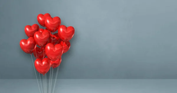 Red heart shape balloons bunch on a grey wall background. Horizontal banner. 3D illustration render