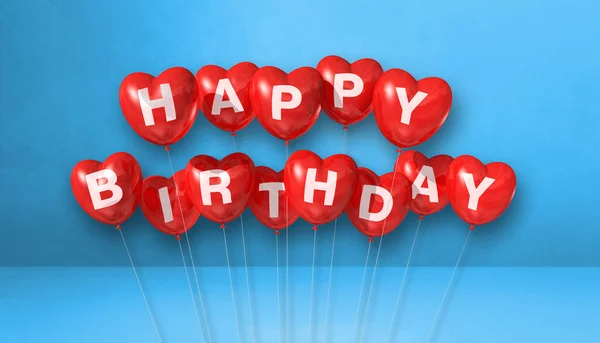 红色的生日心形气球在蓝色的背景场景 横向横幅 3D插图渲染 — 图库照片