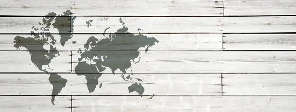 World Map Isolated White Wooden Wall Background Horizontal Banner — Stock Photo, Image