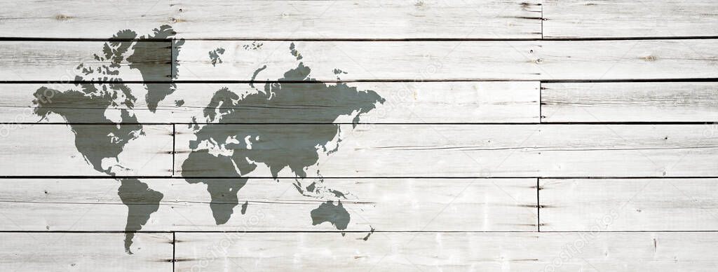 World map isolated on white wooden wall background. Horizontal banner