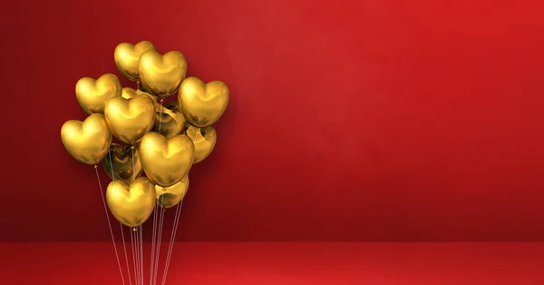 Gold Heart Shape Balloons Bunch Red Wall Background Horizontal Banner — Stock Photo, Image