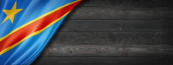 Demokratická Republika Kongo Vlajka Zdi Černého Dřeva Horizontální Panoramatický Nápis — Stock fotografie