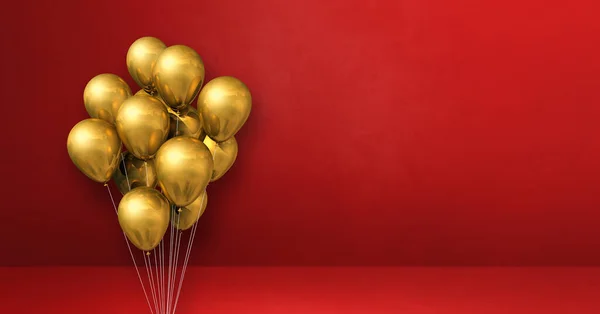 Bando Balões Ouro Num Fundo Vermelho Bandeira Horizontal Renderização Ilustração — Fotografia de Stock