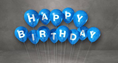 Gri arka planda mavi doğum günü balonları. Yatay Bayrak. 3B illüstrasyon oluşturucu