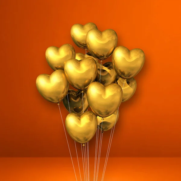 Goldene Herzförmige Luftballons Auf Orangefarbenem Hintergrund Illustrationsrenderer — Stockfoto