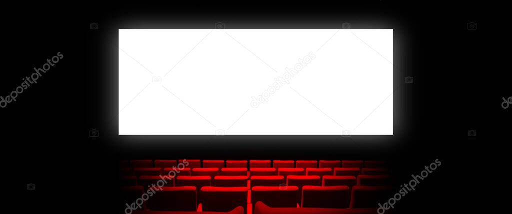 Cinema movie theatre with red velvet seats and a blank white screen. Copy space background. Horizontal banner