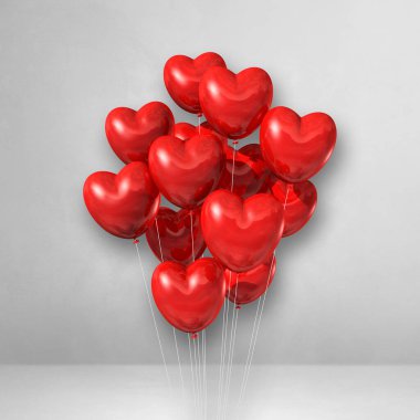 Kırmızı kalp şeklindeki balonlar beyaz duvar arkasında toplanıyor. 3B illüstrasyon oluşturucu