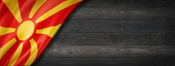 Mazedonien Flagge Schwarzer Holzwand Horizontales Panorama Banner — Stockfoto