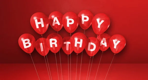 Κόκκινα Μπαλόνια Χαρούμενα Γενέθλια Στον Κόκκινο Φόντο Οριζόντιο Κλειδί Απεικόνιση — Φωτογραφία Αρχείου