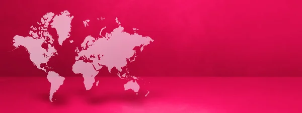 世界地图孤立在粉红墙的背景上 3D插图 横向横幅 — 图库照片