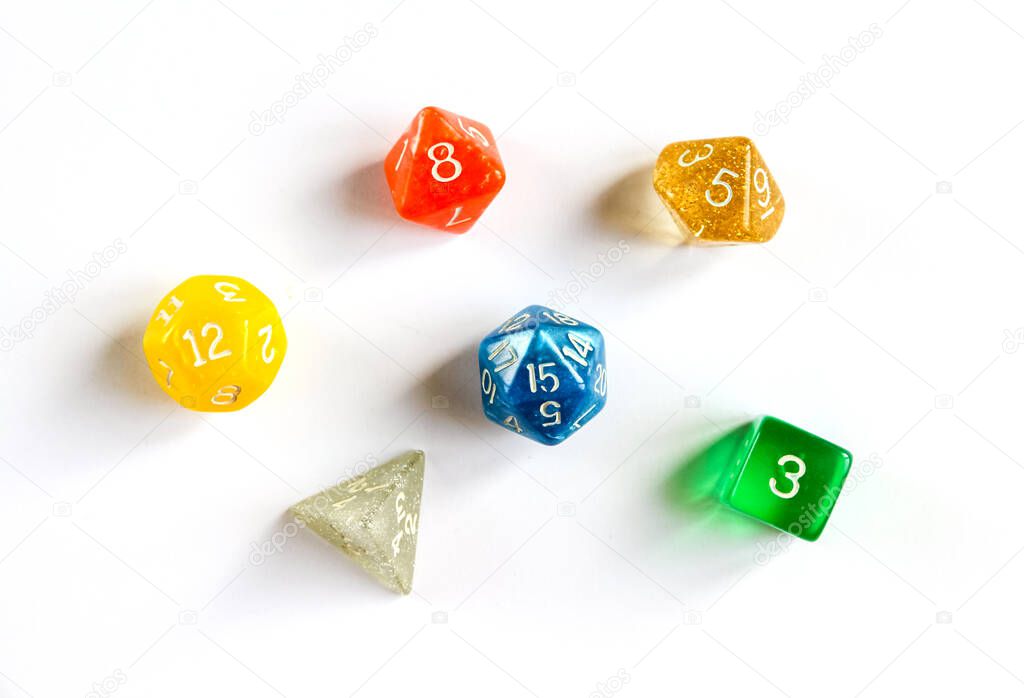 Special colorful dices group for role playing games.