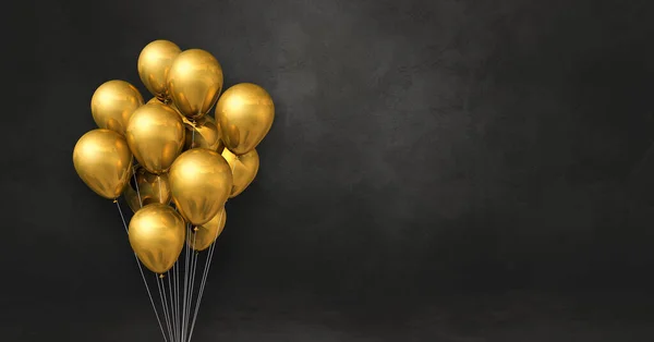 Gold Balloons Bunch Black Wall Background Horizontal Banner Illustration Render — Stock Photo, Image