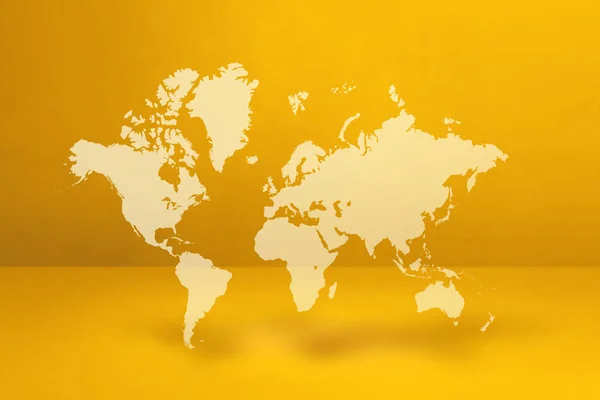 在黄墙背景上孤立的世界地图 3D插图 — 图库照片