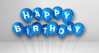 Beyaz arka planda mavi doğum günü balonları. Yatay Bayrak. 3B illüstrasyon oluşturucu