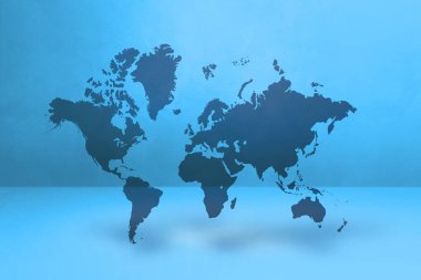 Dünya haritası mavi duvar arka planında izole edildi. 3B illüstrasyon