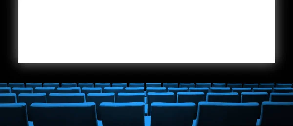 Cinema Movie Theatre Blue Velvet Seats Blank White Screen Copy — Stock Photo, Image