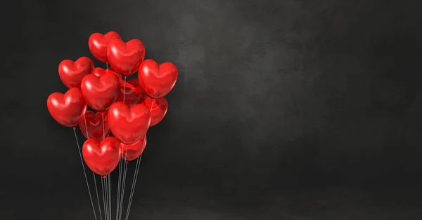 Bando Balões Forma Coração Vermelho Fundo Parede Preta Bandeira Horizontal — Fotografia de Stock