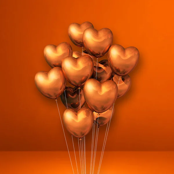 Měděné Srdce Tvaru Balónky Oranžové Zdi Pozadí Vykreslení Ilustrací — Stock fotografie