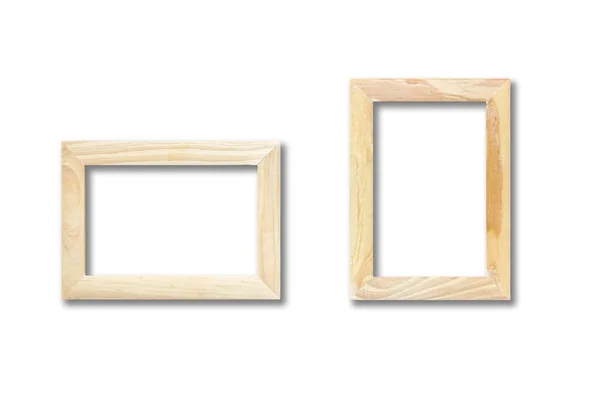 白色的墙上挂着两个木制的画框 空白模型模板 — 图库照片