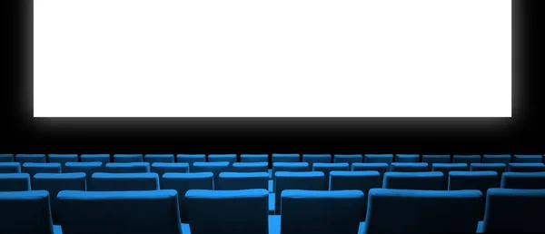 青いベルベットの座席と空白の白いスクリーンを持つ映画館 スペースの背景をコピーします — ストック写真