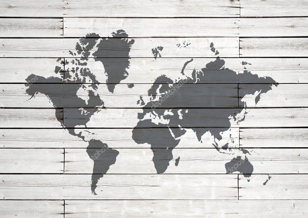 World map isolated on white wooden wall background