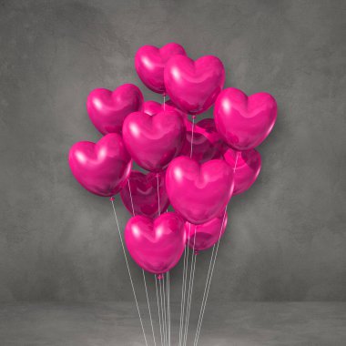 Pembe kalp şeklindeki balonlar gri duvar arka planında toplanmış. 3B illüstrasyon oluşturucu
