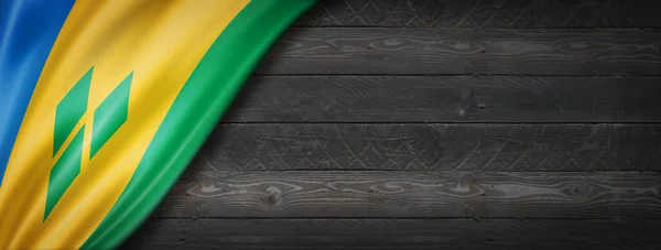 Saint Vincent Grenadines Vlag Zwarte Houten Muur Horizontale Panoramische Banner — Stockfoto