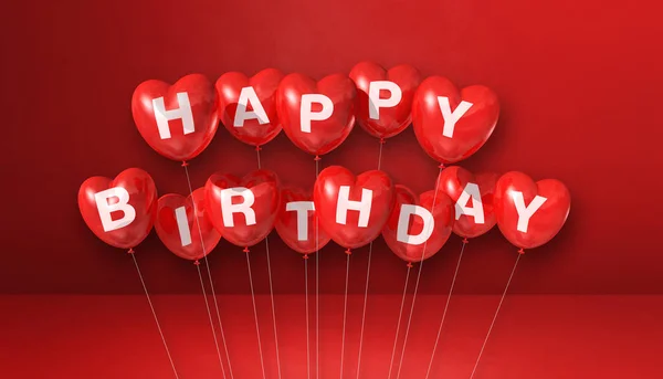 生日快乐心形气球在红色的背景场景 横向横幅 3D插图渲染 — 图库照片