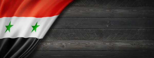 Syrische Flagge Schwarzer Holzwand Horizontales Panorama Banner — Stockfoto