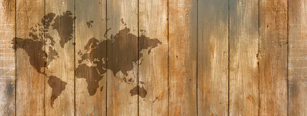 Карта Мира Изолирована Старом Деревянном Фоне Стены Горизонтальное Знамя — стоковое фото
