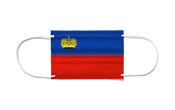 Flaga Liechtensteinu Jednorazowej Masce Chirurgicznej Białe Tło Izolowane — Zdjęcie stockowe