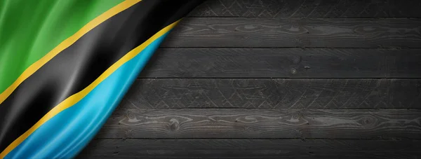 Tanzánia Zászló Fekete Falon Vízszintes Panoráma Transzparens — Stock Fotó