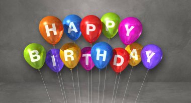 Gri arka planda renkli doğum günü balonları. Yatay Bayrak. 3B illüstrasyon oluşturucu