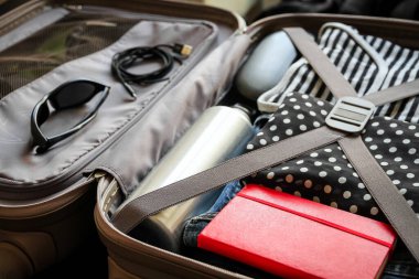 Giysilerle dolu eski model bir valiz.