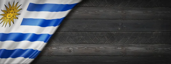 Uruguay Vlag Zwarte Houten Muur Horizontale Panoramische Banner — Stockfoto