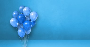Mavi duvar arkaplanındaki balonlar. Yatay pankart. 3B illüstrasyon oluşturucu