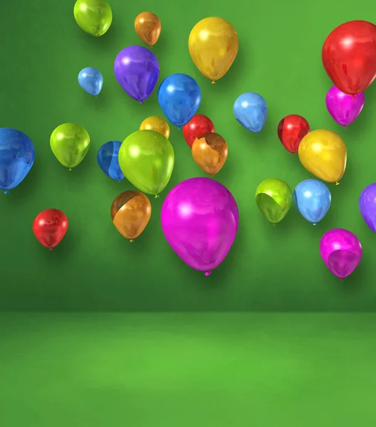 色彩斑斓的气球聚集在绿墙的背景上 3D插图渲染 — 图库照片