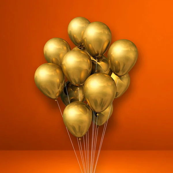 Manojo Globos Dorados Sobre Fondo Pared Naranja Renderizado Ilustración —  Fotos de Stock