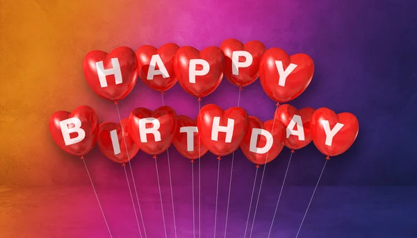 Red Happy Birthday Herzform Luftballons Auf Einem Regenbogen Hintergrund Szene — Stockfoto