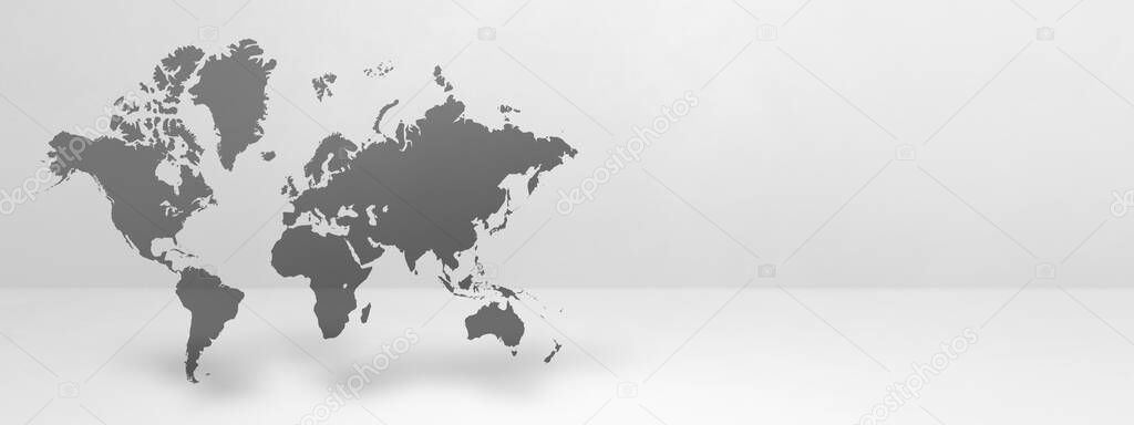 World map isolated on white wall background. 3D illustration. Horizontal banner