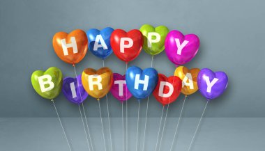 Renkli mutlu yıllar, kalp şeklinde balonlar, gri bir arka plan sahnesinde. Yatay Bayrak. 3B illüstrasyon oluşturucu