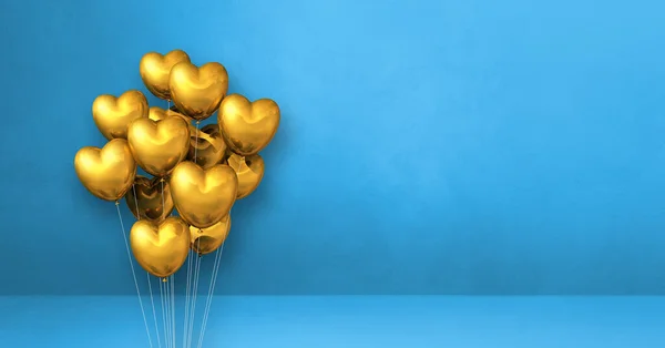 Χρυσό Σχήμα Καρδιάς Μπαλόνια Δέσμη Ένα Μπλε Φόντο Τοίχο Οριζόντια — Φωτογραφία Αρχείου
