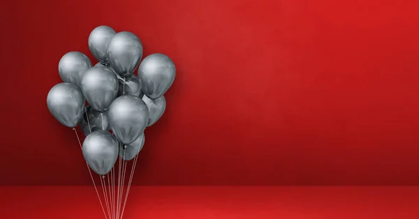 Silver Balloons Bunch Red Wall Background Horizontal Banner Illustration Render — Fotografia de Stock