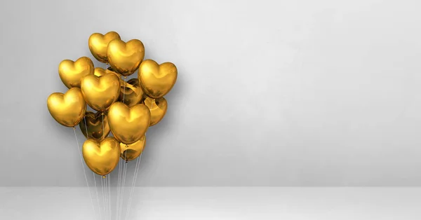 Gold Heart Shape Balloons Bunch White Wall Background Horizontal Banner — Stock Photo, Image