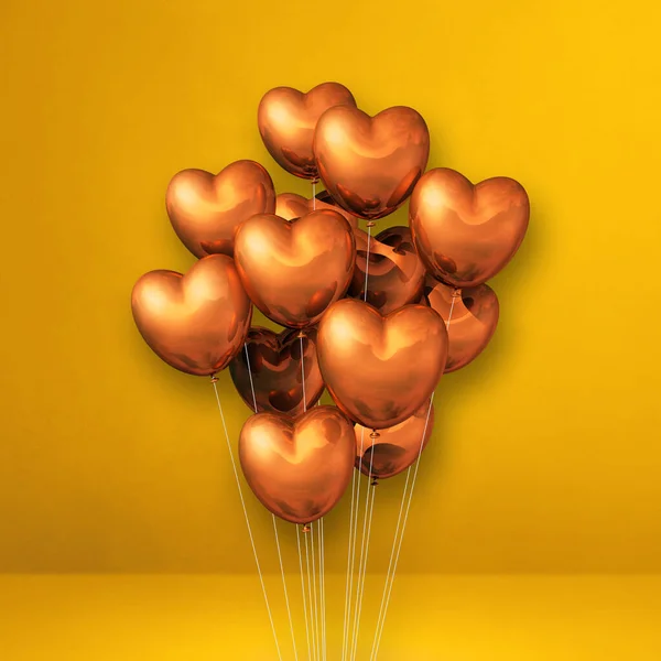 铜心形气球束在黄色的壁背上 3D插图渲染 — 图库照片