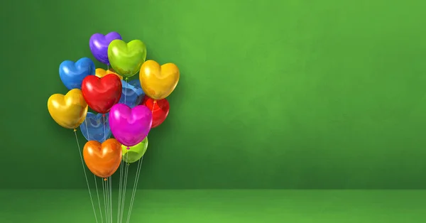 Різнокольорові Кульки Формі Серця Збираються Фоні Зеленої Стіни Горизонтальний Банер — стокове фото